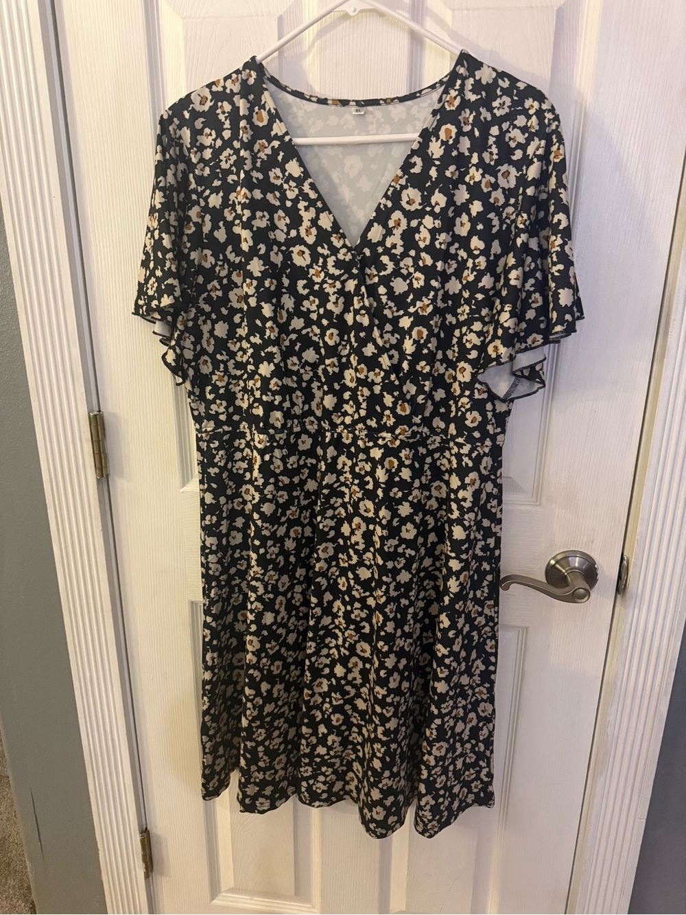 Black Floral V-Neck Flutter Sleeve Dress